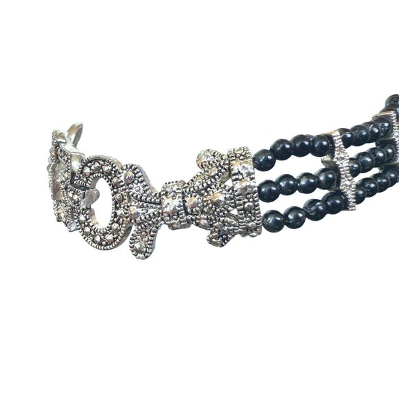 Art Deco Style Beaded Bracelet 7.5in Silver Tone Black Beads Retro Style - Picture 5 of 15